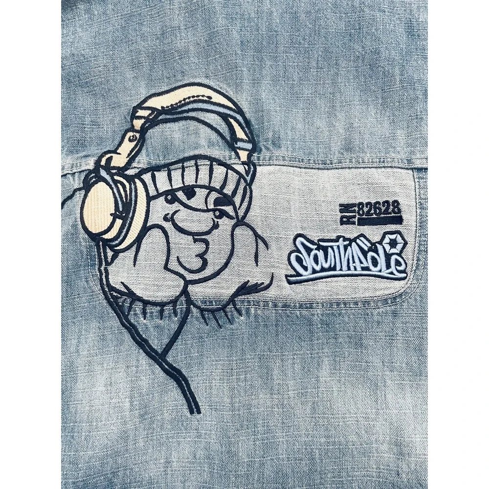 Vintage Y2K SOUTHPOLE Embroidered Denim Vest M Oversized Hip Hop Streetwear